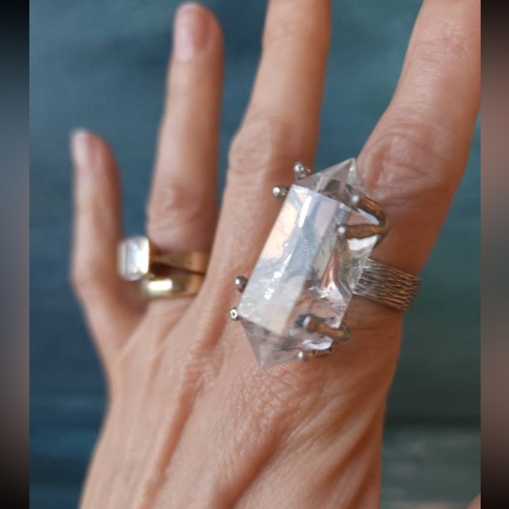Clear Quartz Double Terminated Silver Ring, futuristic, boho, spiritual, witchy